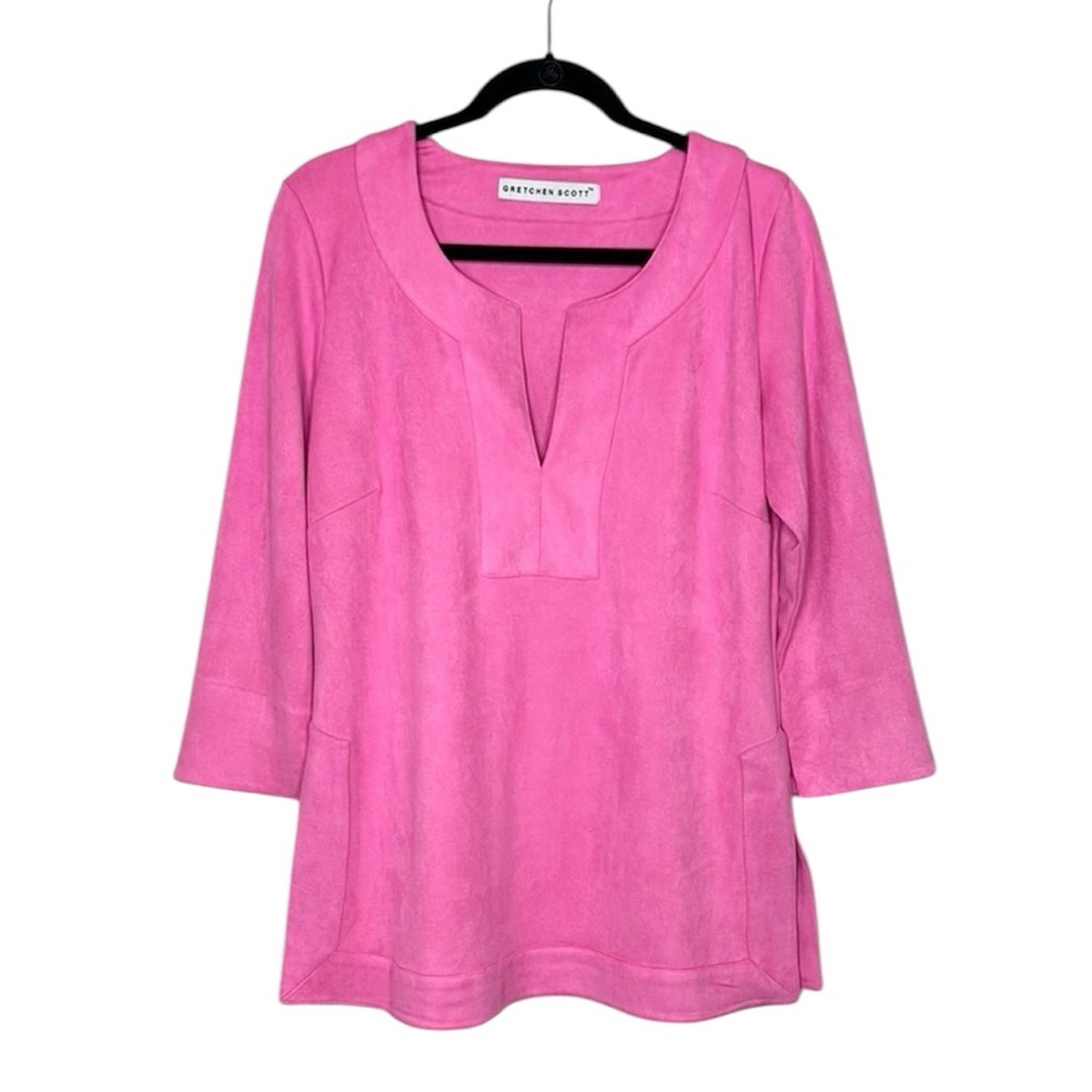 GRETCHEN SCOTT Faux Suede Split Neck Tunic Top in Pink size Large